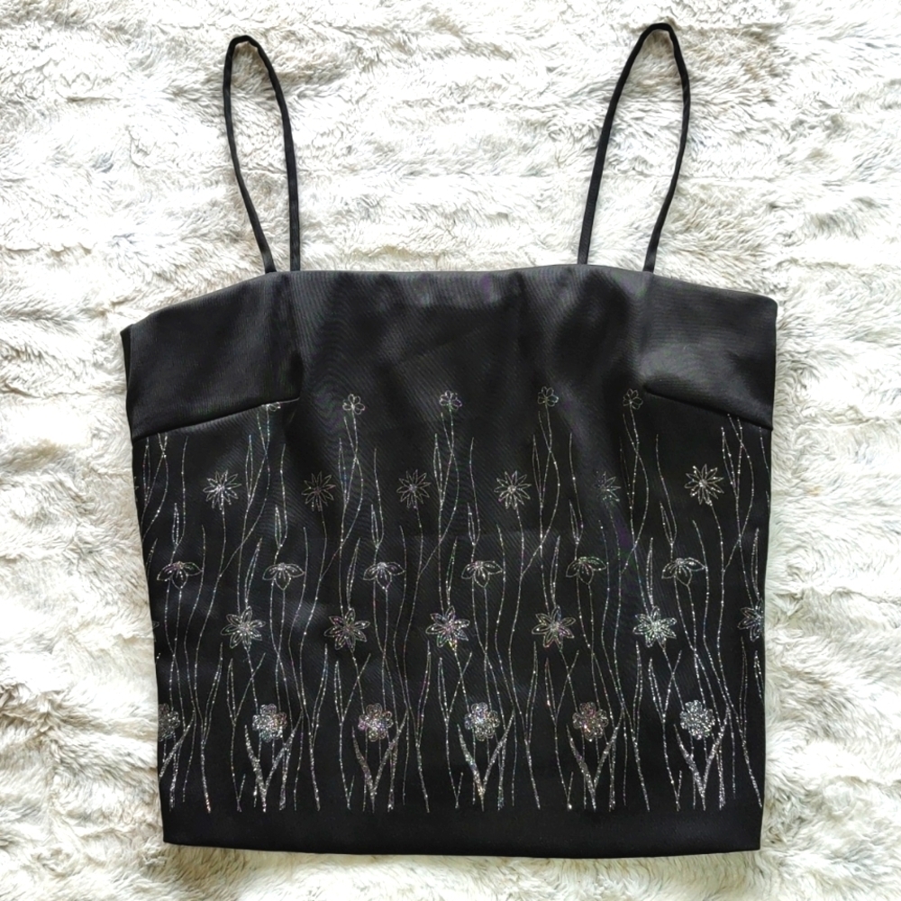 Byer Too! Fitted Black Silk Tank Top With Glittery Flowers Size 7.